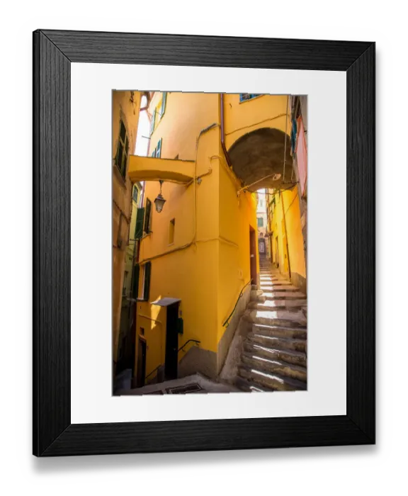 Framed Print : Vernazza narrow streets with stairs and yellow