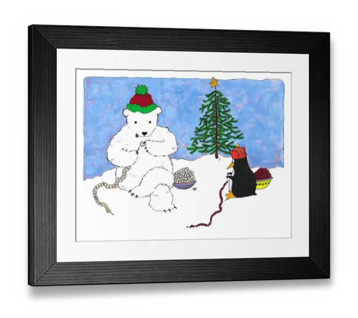 Framed Print : Penguin & Polar Bear Making Decorations Framed Print : Penguin & Polar Bear Making Decorations