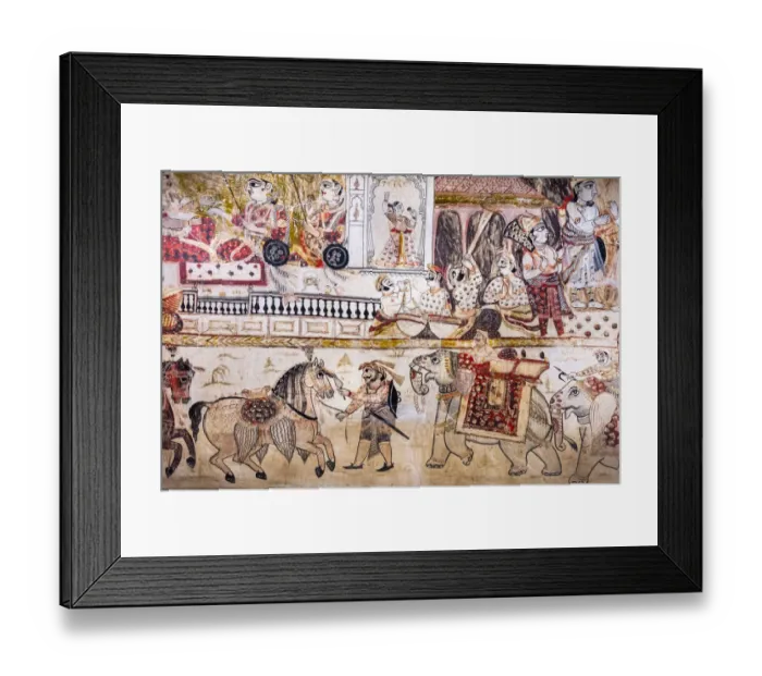 Framed Print : Wall painting mural of court life at Lakshminarayan temple in Orchha, Tikamgarh, Madhya Pradesh Framed Print : Wall painting mural of court life at Lakshminarayan temple in Orchha, Tikamgarh, Madhya Pradesh