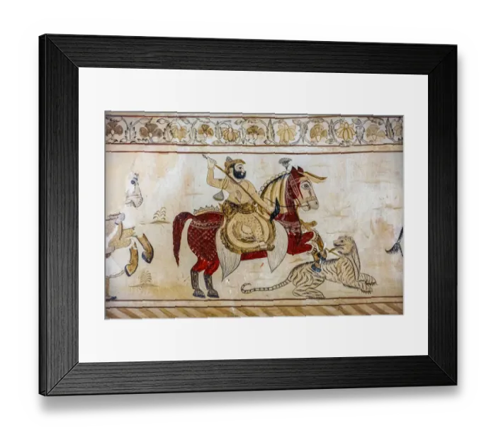 Framed Print : Wall painting mural of soldier on horse at Lakshminarayan temple in Orchha, Tikamgarh Framed Print : Wall painting mural of soldier on horse at Lakshminarayan temple in Orchha, Tikamgarh