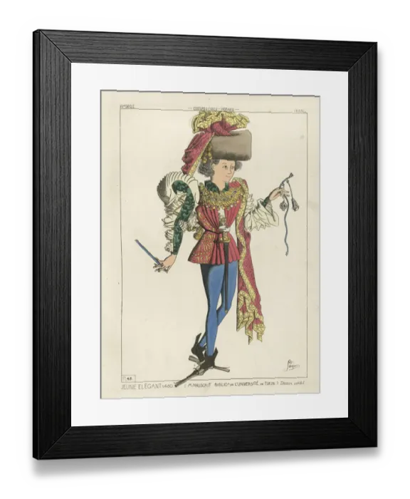 Framed Print : Medieval fashion, Young man wearing doublet, hose, large hat Framed Print : Medieval fashion, Young man wearing doublet, hose, large hat
