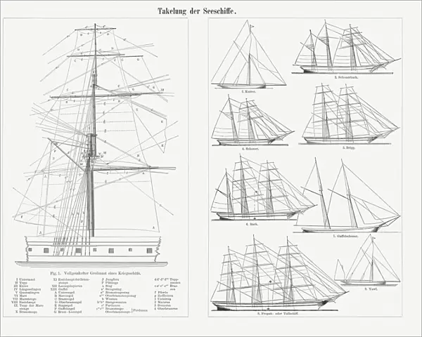 Rigging of the sailing ships, wood engravings, published in 1897