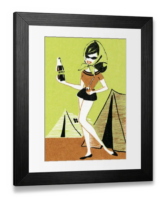 Framed Print : Camping woman with soda Framed Print : Camping woman with soda