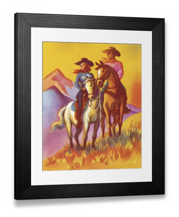 Framed Print : Cowboy and Cowgirl Riding Horses Framed Print : Cowboy and Cowgirl Riding Horses