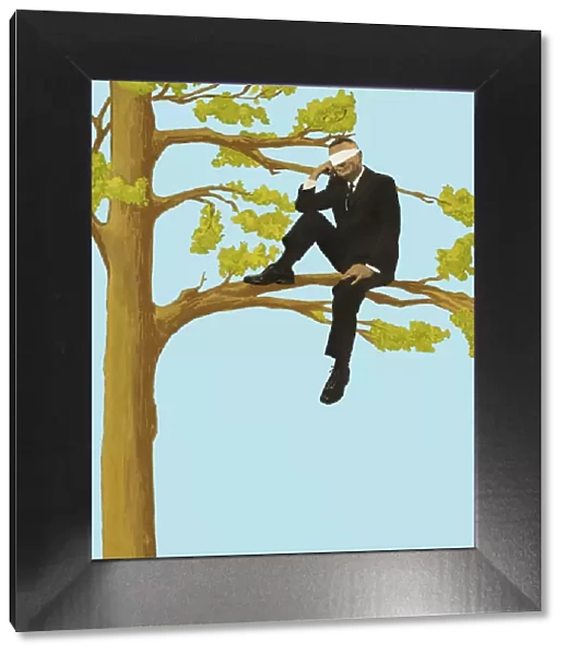 Blindfolded Businessman Sitting in a Tree