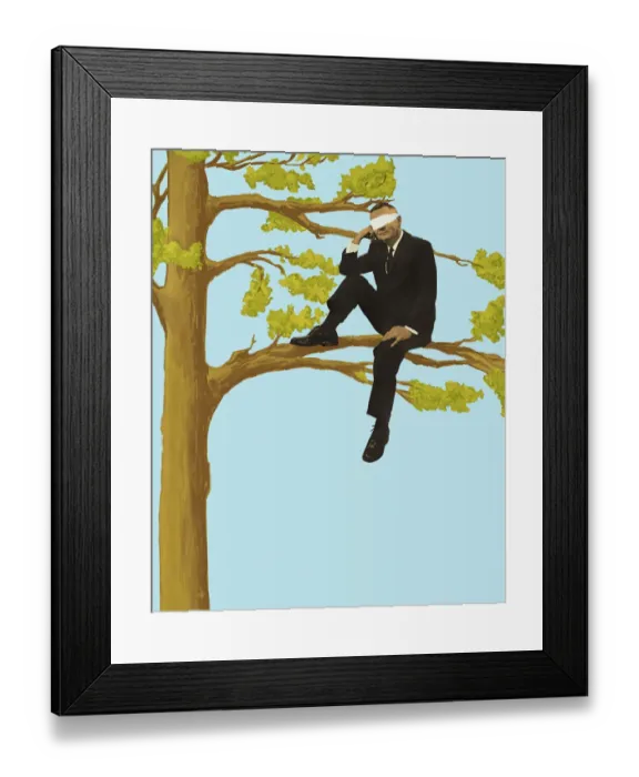 Framed Print : Blindfolded Businessman Sitting in a Tree Framed Print : Blindfolded Businessman Sitting in a Tree