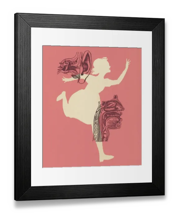 Framed Print : Girl Running With Ear and Mouth Illustrations Framed Print : Girl Running With Ear and Mouth Illustrations