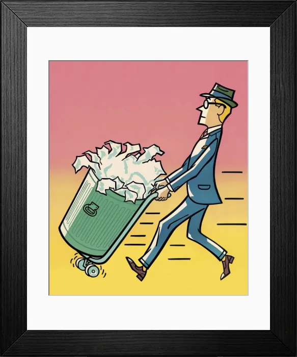 Framed Print : Man Pushing Full Garbage Can Framed Print : Man Pushing Full Garbage Can