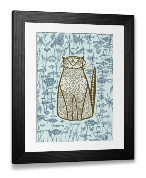 Framed Print : Blue Cat; Fish; Birds Framed Print : Blue Cat; Fish; Birds