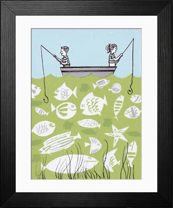 Framed Print : Boy and Girl Fishing Framed Print : Boy and Girl Fishing
