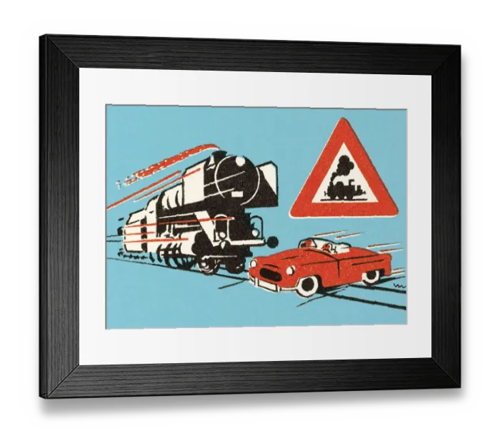 Framed Print : Train approaching red car on tracks Framed Print : Train approaching red car on tracks