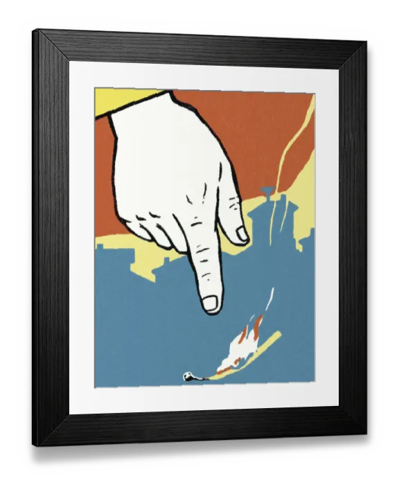 Framed Print : Hand Pointing to a Lit Match Framed Print : Hand Pointing to a Lit Match
