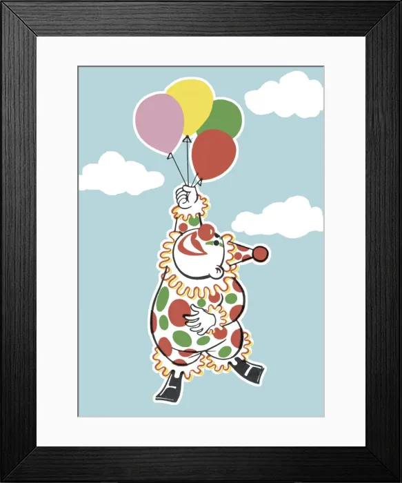 Framed Print : Clown Floating with Balloons Framed Print : Clown Floating with Balloons