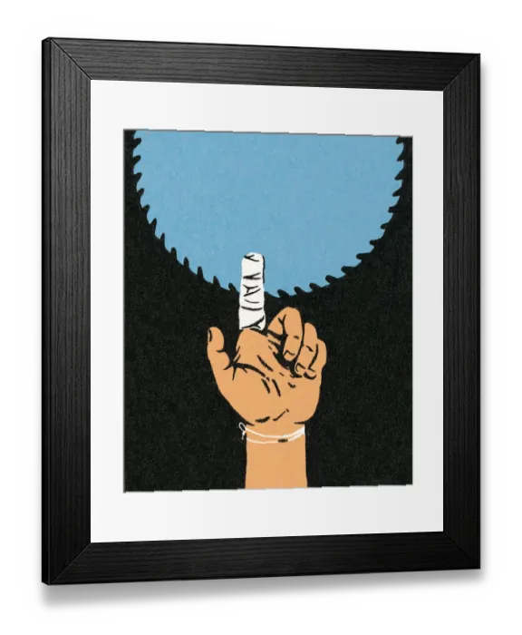 Framed Print : Bandaged finger and saw blade