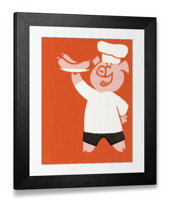 Framed Print : Pig chef serving sausages
