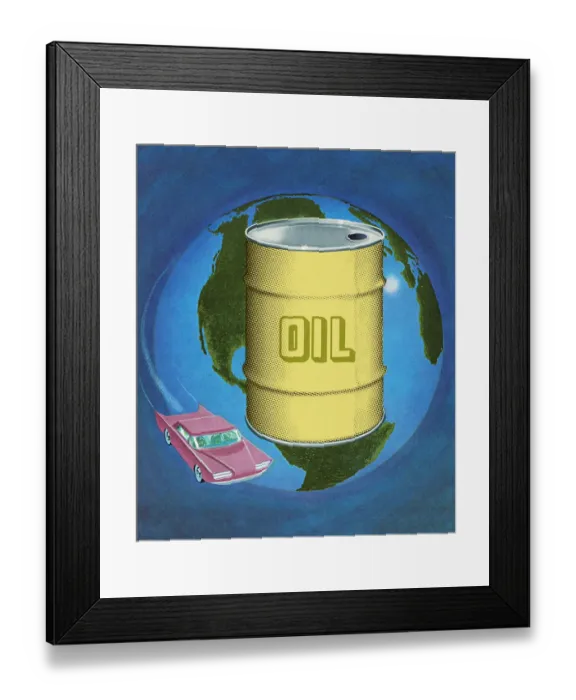 Framed Print : World With Oil Barrel and Car Framed Print : World With Oil Barrel and Car