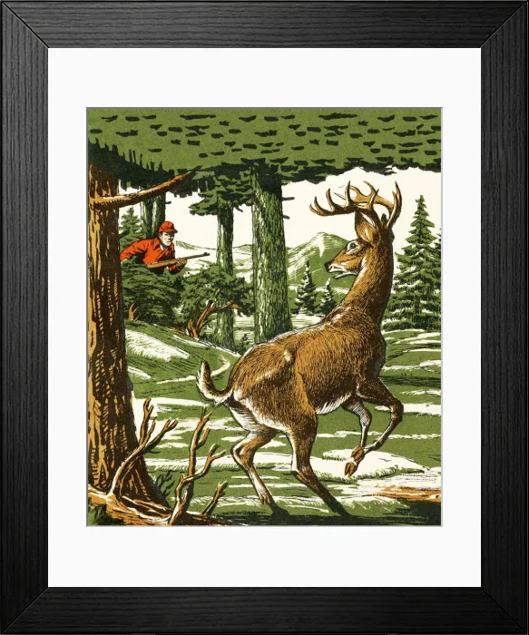 Framed Print : Deer and Hunter in the Woods Framed Print : Deer and Hunter in the Woods