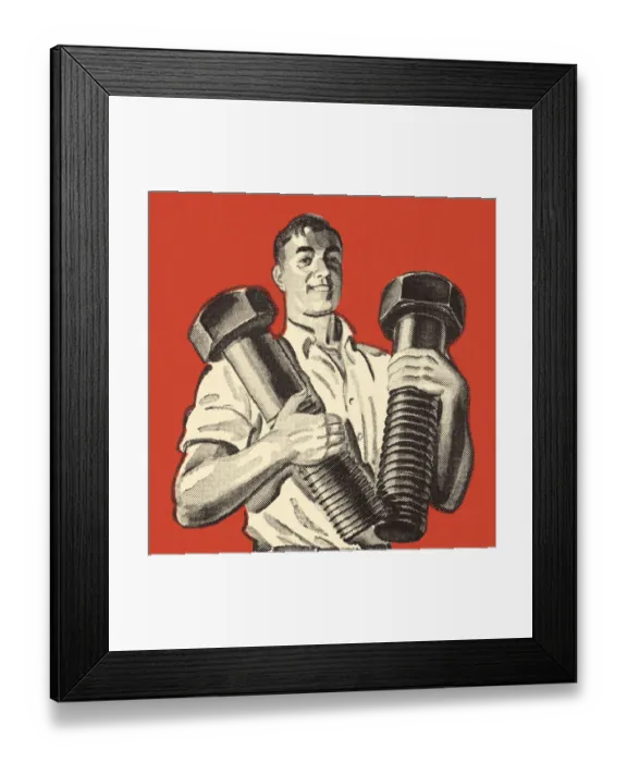 Framed Print : Man Holding Two Giant Bolts Framed Print : Man Holding Two Giant Bolts