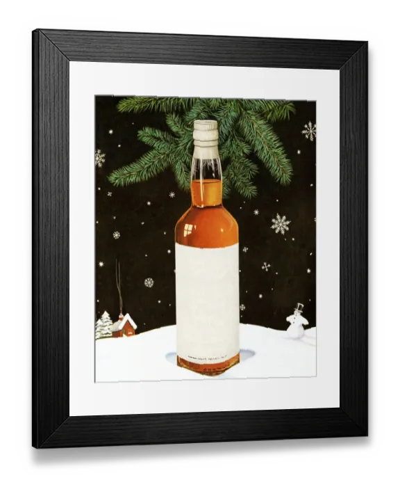 Framed Print : Blank Liquor Bottle in Snowy Scene Framed Print : Blank Liquor Bottle in Snowy Scene