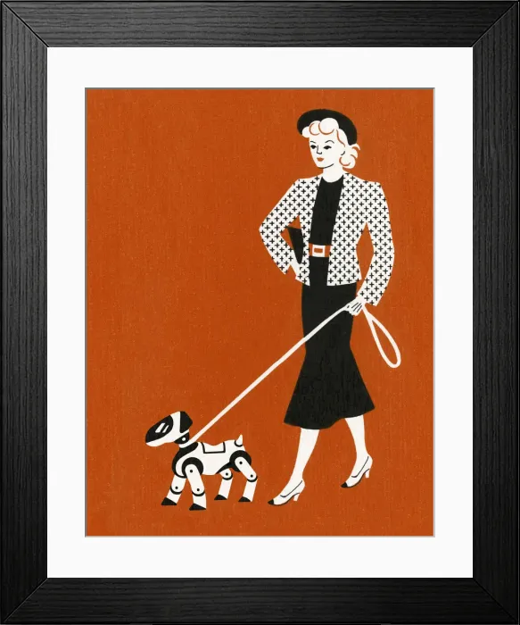 Framed Print : Woman Walking Dog on Leash Framed Print : Woman Walking Dog on Leash