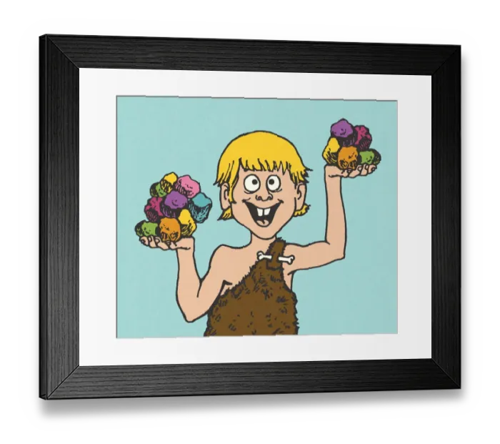 Framed Print : Caveman Holding Colorful Rocks Framed Print : Caveman Holding Colorful Rocks