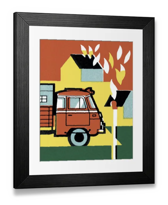 Framed Print : Firetruck and House on Fire Framed Print : Firetruck and House on Fire