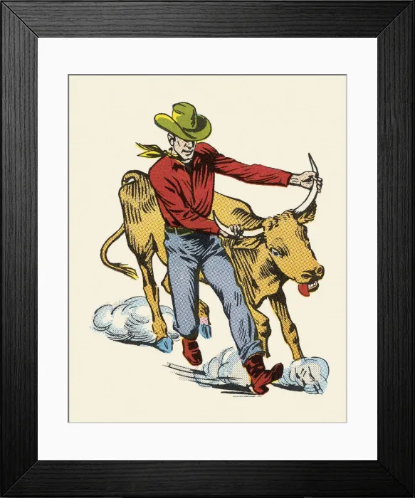 Framed Print : Cowboy Wrestling a Steer Framed Print : Cowboy Wrestling a Steer