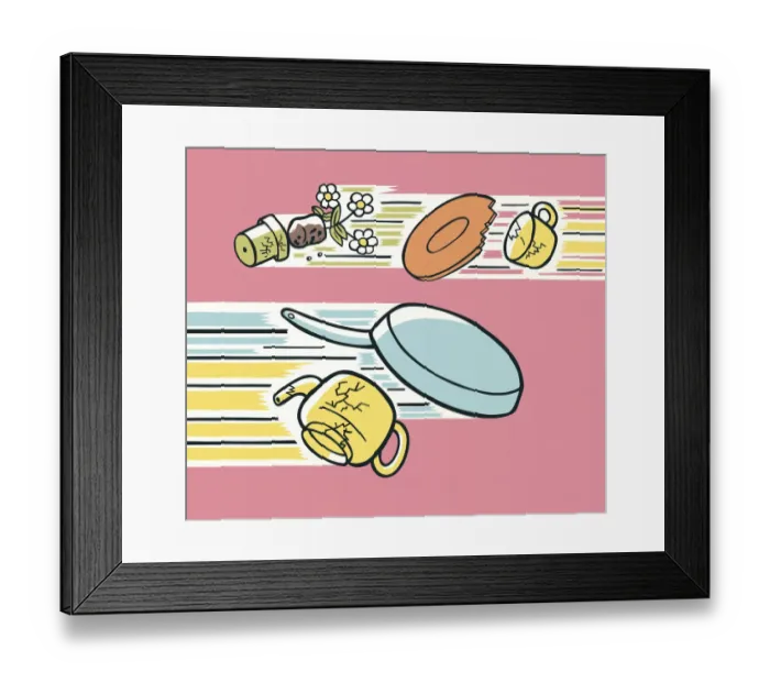 Framed Print : Broken Dishes Flying Through the Air Framed Print : Broken Dishes Flying Through the Air