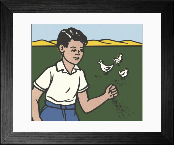 Framed Print : Boy Feeding Three Chickens Framed Print : Boy Feeding Three Chickens