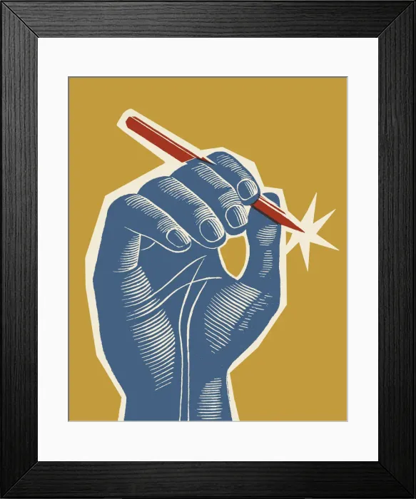 Framed Print : Blue Hand Holding Red Pen