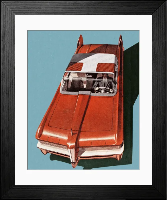 Framed Print : Man Driving Large Red Car Framed Print : Man Driving Large Red Car