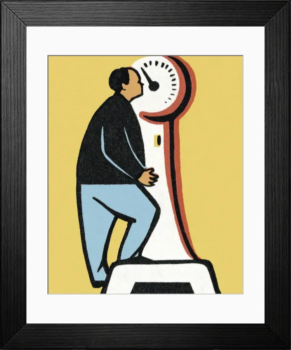 Framed Print : Man Stepping on Scale Framed Print : Man Stepping on Scale