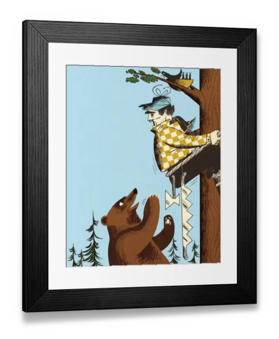 Framed Print : Man Climbing up Tree to Get Away From Bear Framed Print : Man Climbing up Tree to Get Away From Bear
