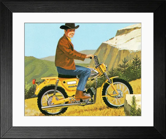 Framed Print : Cowboy Riding a Motorcycle in the Country Framed Print : Cowboy Riding a Motorcycle in the Country