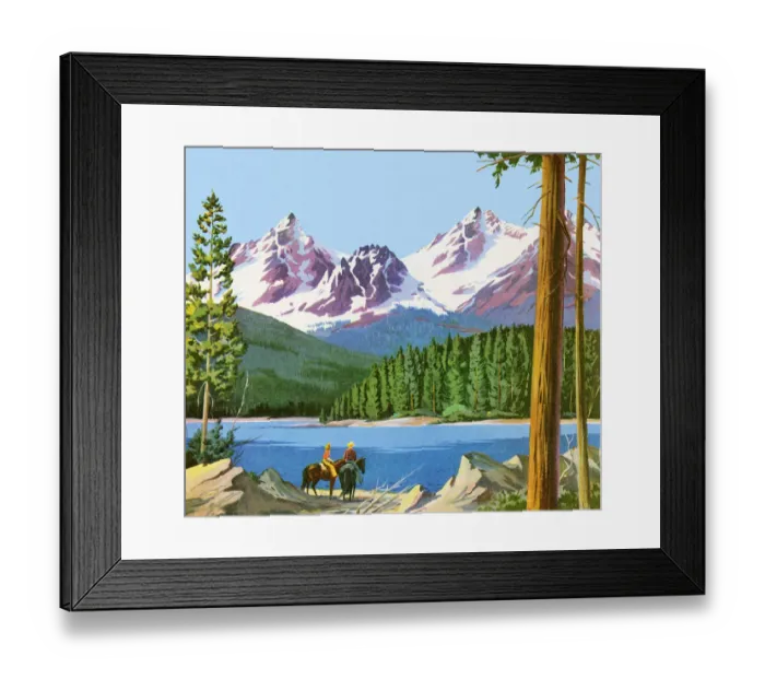 Framed Print : Scenic Mountains And People on Horses Framed Print : Scenic Mountains And People on Horses