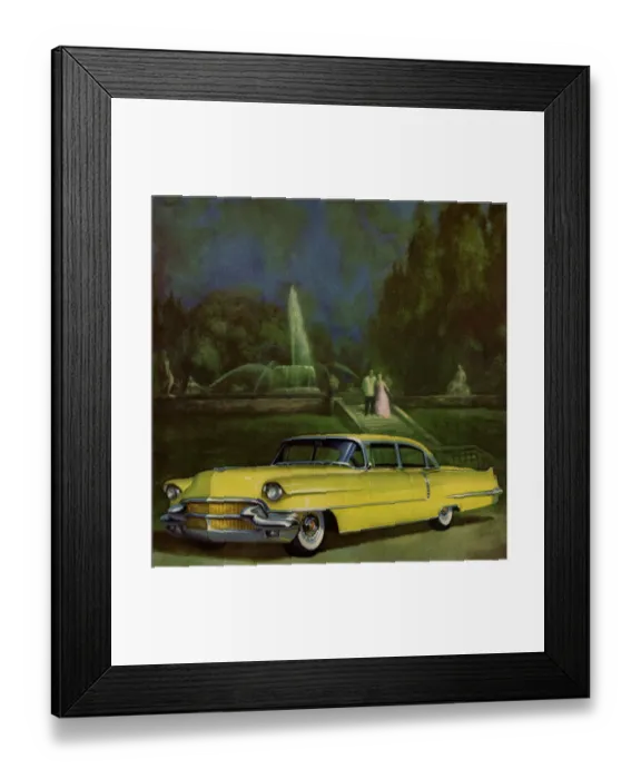 Framed Print : Yellow Vintage Car in Front of Fountian Framed Print : Yellow Vintage Car in Front of Fountian
