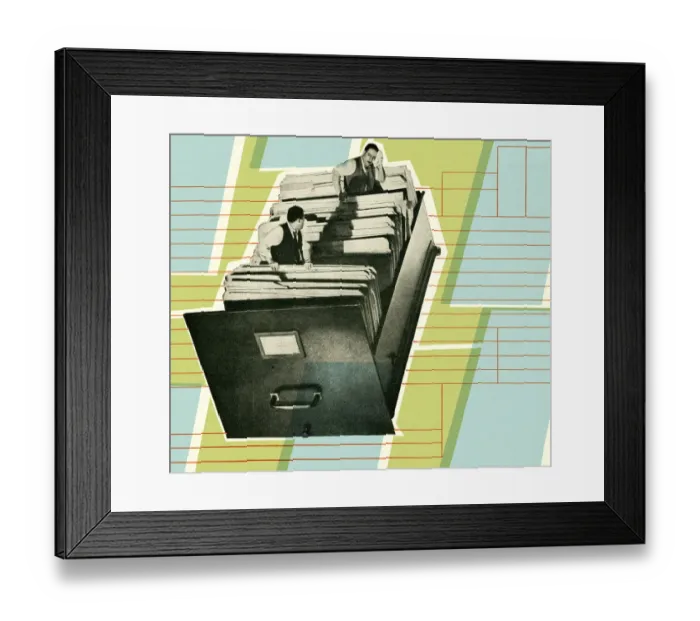 Framed Print : Businessmen Inside File Drawer Framed Print : Businessmen Inside File Drawer