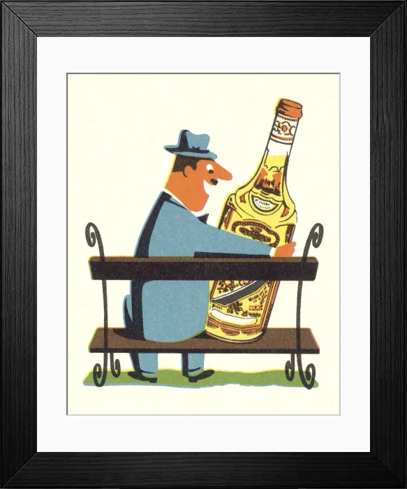 Framed Print : Man Sitting on a Bench Hugging a Large Bottle Framed Print : Man Sitting on a Bench Hugging a Large Bottle