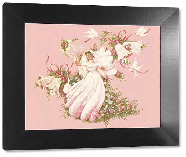 Bride with Flowers on a Pink Background