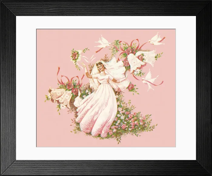 Framed Print : Bride with Flowers on a Pink Background