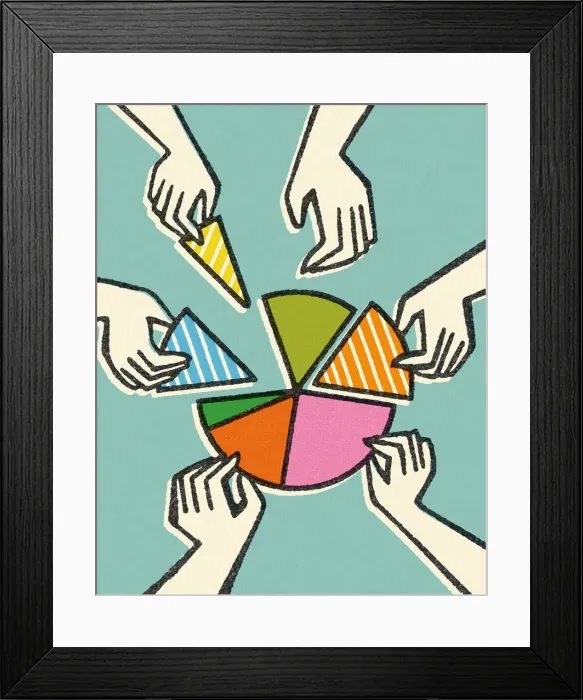 Framed Print : Hands Taking Pieces of a Pie Chart Framed Print : Hands Taking Pieces of a Pie Chart