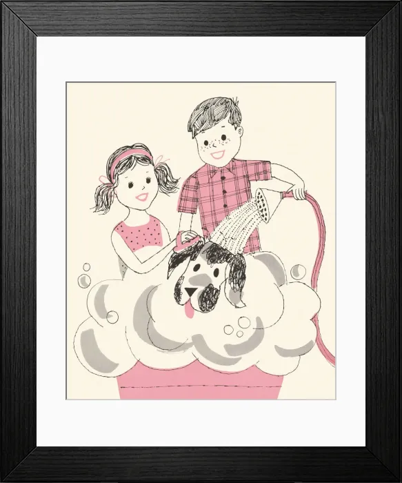 Framed Print : Two Children Washing a Dog Framed Print : Two Children Washing a Dog
