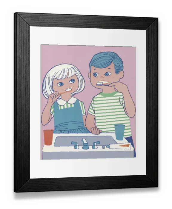 Framed Print : Girl and Boy Brushing Their Teeth Framed Print : Girl and Boy Brushing Their Teeth