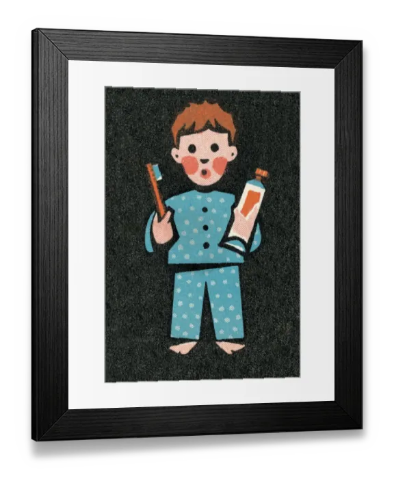Framed Print : Boy in pajamas brushing teeth Framed Print : Boy in pajamas brushing teeth