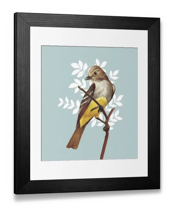 Framed Print : Brown and yellow bird on a light blue floral background Framed Print : Brown and yellow bird on a light blue floral background
