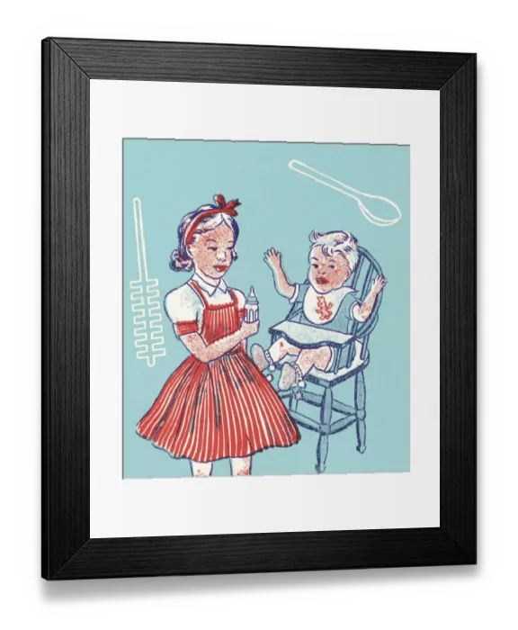 Framed Print : Girl and Baby in a High Chair Framed Print : Girl and Baby in a High Chair