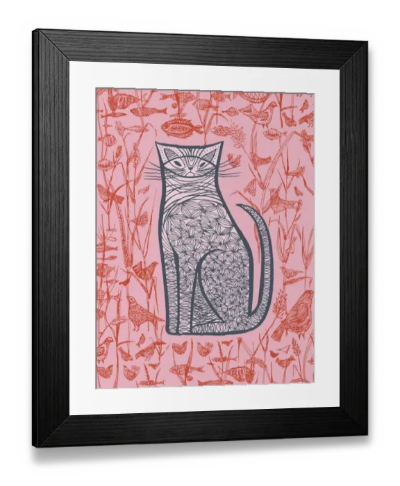Framed Print : Pink Cat; Fish; Birds Framed Print : Pink Cat; Fish; Birds