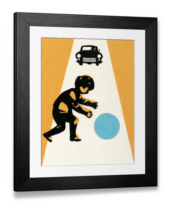 Framed Print : Boy with ball in street; car approaching Framed Print : Boy with ball in street; car approaching