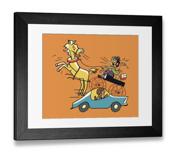 Framed Print : Horse and Carriage Next to a Car Framed Print : Horse and Carriage Next to a Car