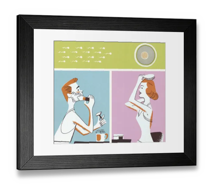 Framed Print : Man and Woman Primping and Sperm and Egg Framed Print : Man and Woman Primping and Sperm and Egg